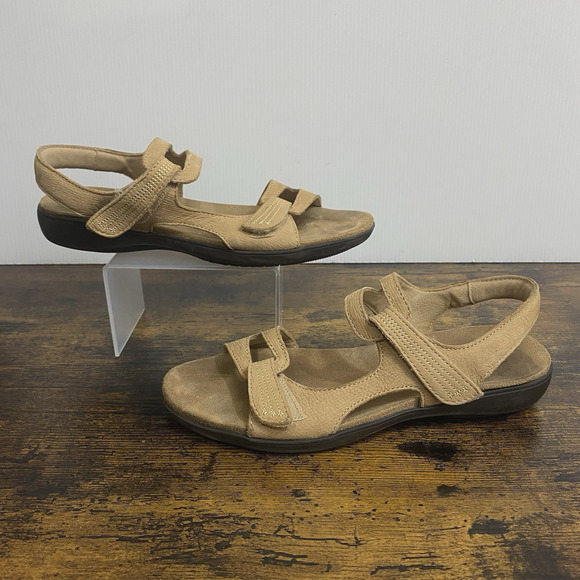 Trotters Katarina Sandals Womens Sz 7.5M Tan Leather Strappy Slingback Hook Loop - Picture 3 of 11